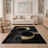 Gold Crescent Moons Black Marble Geometric Area Rug