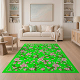 Pink Cherry Blossom on Vibrant Green Area Rug