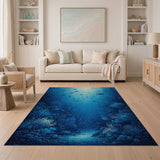 Washable Deep Blue Underwater Coral Reef Low Pile Area Rug, Non-Slip & Pet Friendly