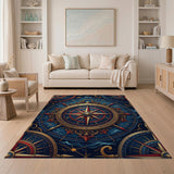 Blue and Teal Ornate Nautical Compass Rose Area Rug