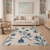 Navy Blue Leaf Silhouette Beige Area Rug