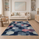 Modern Geometric Navy Blue Pink Hexagon Area Rug