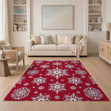 Red Festive Red Snowflake Floral Area Rug