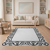 Black and White Ornate Floral Border Area Rug - Black White