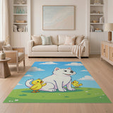 Adorable White Fluffy Dog with Playful Chicks Cartoon Rug