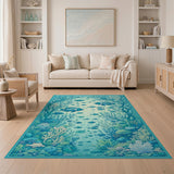 ODIKA Washable Teal Ocean Coral Reef Area Rug - Low Pile & Non-Slip Nursery Carpet