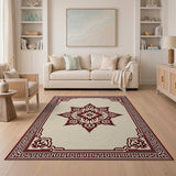 Beige and Neutral Cream Maroon Traditional Persian Mandala Rug