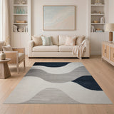 Abstract Wavy Navy Grey Area Rug