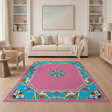 Ornate Pink Persian Area Rug with Teal Border