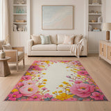 Pink Peony Yellow Mimosa Floral Border Rug