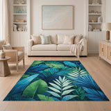 Blue Teal Palm Leaf Washable Area Rug