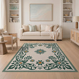 Green Floral Border Area Rug with Cream Field