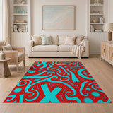 Vibrant Red Teal Swirl Abstract Area Rug