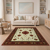 Traditional Persian Area Rug Ivory Field Red Border