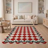 Red White Gingham Check Area Rug with Ornate Vine Borders