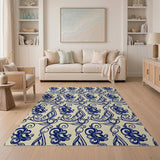 Navy Blue Floral Scroll Cream Rug