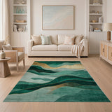 Emerald Green Gold Wave Abstract Area Rug