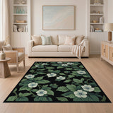 Vintage White Blossoms Green Leaves Black Area Rug