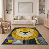 Cute Cartoon Lion Kids Area Rug in Yellow Grey