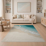 ODIKA Washable Ocean Wave Area Rug - Coastal Low Pile Non-Slip Beach Decor