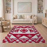 Red Reindeer Snowflakes Geometric Rug