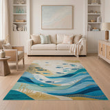 Teal Blue Ocean Fish Waves Area Rug