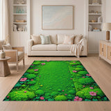 Lush Green Moss Garden Pink Flower Border Rug