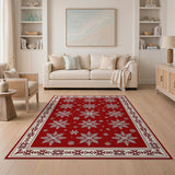 Red Snowflake Holiday Area Rug with Ornate Border