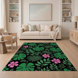 Lush Monstera Leaves Pink Hibiscus Black Area Rug