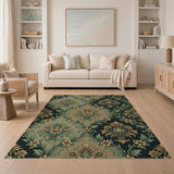 Ornate Green Gold Floral Damask Area Rug