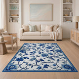 ODIKA Blue and White Vintage Floral Machine Washable Rug - Low Pile Non-Slip Area Rug