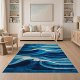 Modern Blue Ocean Waves Geometric Area Rug