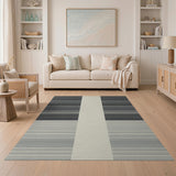 Modern Grey Striped Area Rug with Cream Center