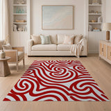 Red Wavy Swirl Abstract Area Rug