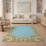 Serene Blue Area Rug with Ornate Gold Borders