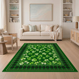 Shamrock Scatter Green Area Rug with Plaid Border