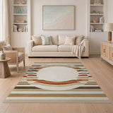 Modern Beige Striped Area Rug with Central Circle