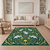 Whimsical White Cats Golden Mushrooms Green Rug