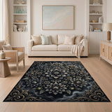 Ornate Black White Chrysanthemum Floral Rug