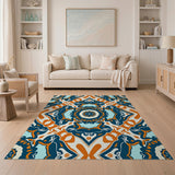 Blue Teal Boho Mandala Area Rug with Orange Accents