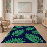 Teal Palm Leaves Navy Area Rug