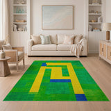 Yellow Geometric on Vibrant Green Patchwork Rug