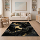Black & Gold Abstract Marble Washable Area Rug - Low Pile & Non-Slip