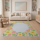 Vibrant Yellow Pink Floral Border Area Rug