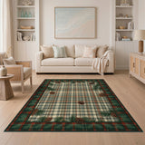 Festive Plaid Area Rug with Pinecones Evergreens