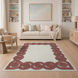 Red Spiral Meander Border Area Rug