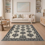 Ornate Black Damask Floral Cream Area Rug