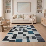 Geometric Grey Teal Patchwork Area Rug