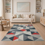 Modern Geometric Navy Grey Red Area Rug