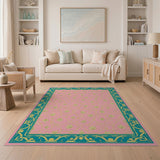 Pink Leaf Vine Rug with Ornate Teal Border